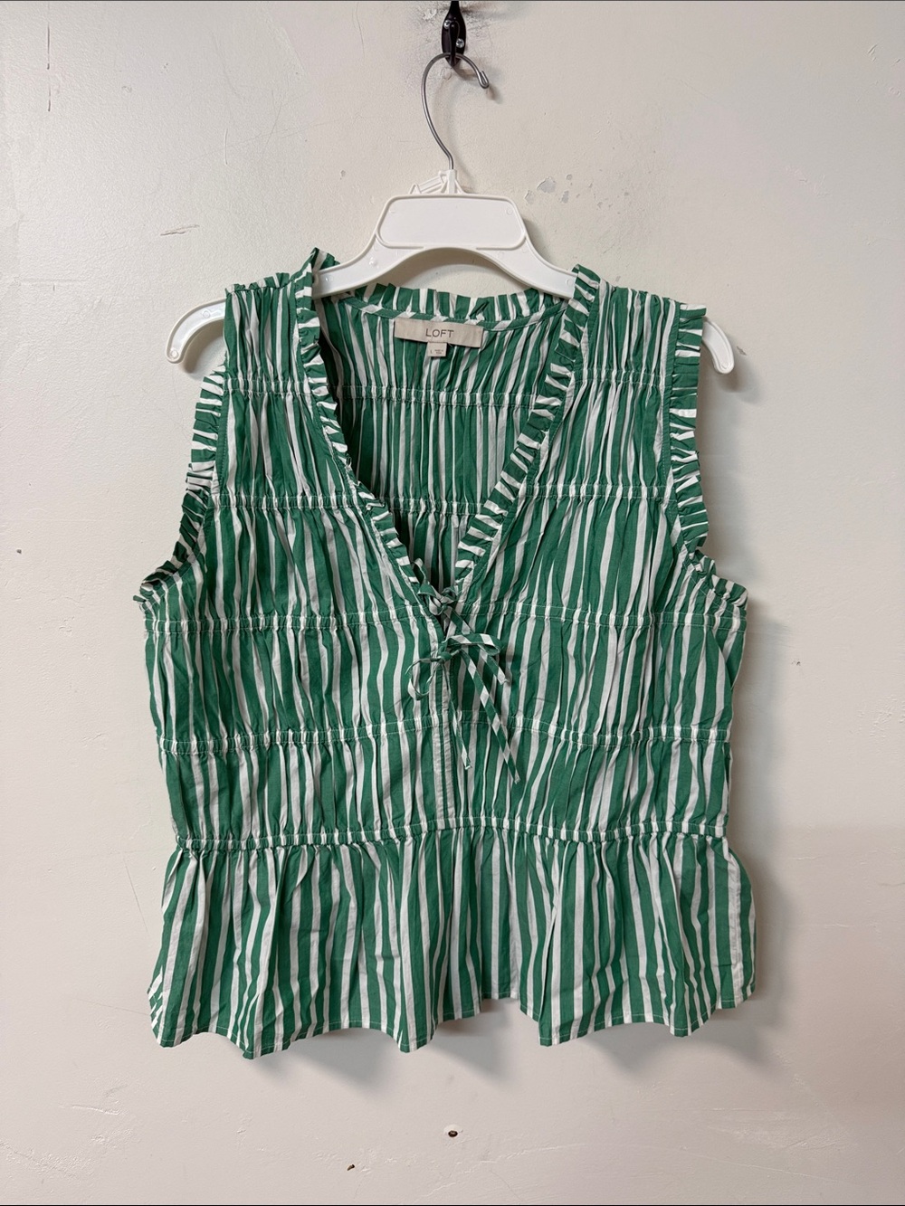 LOFT Green and White Striped Sleeveless Peplum Top